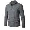 Men's long sleeved vertical striped half high neck zippered back knit sweater 1v