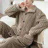 Pijamas masculinos conjunto de pijamas quentes aconchegante inverno homewear pijama de lapela de pelúcia com cintura elástica onda de água textura bolsos para homem