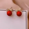 S3874 Fashion Jewelry Sweet Red Faux Pearl Bowknot Stud Earrings For Women Rhinestone Bow Dangle Earrings