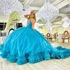 aqua blauwe quinceanera jurken sexy off-shoulder prinses baljurk applicaties kant kralen tul gelaagde korset feestjurk voor 15 jaar meisje
