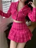 Vestido de dos piezas Conjunto a juego Rosa Rosa Plaid Mujeres Recortada Tweed Blazer Cintura alta Pleasted Mini faldas Trajes Moda para mujer Conjuntos de 2 piezas 231129
