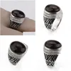 Cluster Rings 925 Sterling Sier Men Finger Ring With Dark Brown Agate Stone Punk Big Onxy Clear Cz Fine Wedding Jewelry Drop Delivery Dhh9N