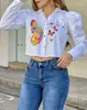 Women's Blouses Temperament Top Women 2023 Spring Puff Sleeve Butterfly Print Buttoned Turn-Down Collar Long Daily Crop Shirt