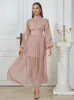 Casual Dresses Women Bubble Long Sleeve High Waist Dress Elegant Pink Half Collar Pleated Loose A-line Birthday Evening Party