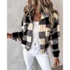 Womens Jackets Autumn Winter Casual Women Plaid Print Colorblock Fleece Teddy Coat Femme Pocket Design Turndown Collar 231129