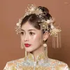 Hair Clips Vintage Chinese Xiuhe Accessorie For Women Wedding Bridal Pearl Crystal Headband Headpiece Bride Leaves