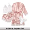 Sexy pijama de verão calças de pijama conjunto 4 peças renda cetim com seda sleepwear robe moda e confortável roupa de noite 231129