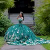 Green Shiny Quinceanera Dresses Sleeveless Sequined Ball Gown Off The Shoulder Gold Applique Lace Corset Vestidos Para XV 15 Anos