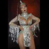 Palco desgaste brilhante prata franja malha transparente vestido de lantejoulas mulheres dança latina roupa sexy clube bar desgaste cantor collant palco comesephemeralew