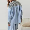 Sexig pyjamas Autumn Women s knapp upp krage skjorta jacka botten slips byxor set fjäder rutig randig tryckt långärmad pyjama s 231129