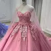 Pink Sweetheart Backless Flowers Appliques Lace With Cape Evening Dress Ball Gown Floor Length Sweep Train Quinceanera Dress