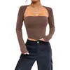 T-shirts pour femmes Femmes S Basic Crop Tops Sexy Manches longues Couleur unie Col carré Slim Fit Automne Sortir Streetwear