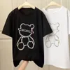 T-shirt tung strass mode kort ärm t-shirt kvinnor 2022 ny sommar koreansk tecknad björn pärlast lös midlängd rosa tshirt topp