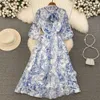 Casual Dresses 2023 Summer Fashion Runway Chiffon Long Dresses Women's Bow Neck 3/4 Puff Sleeve Elegant Floral Print Party Holiday Dress