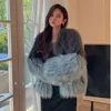 Womens Fur Faux Fox Splice Color Contrast Bomber Jacket Strips Sewed Fluffy Imitation Mink Coat Furry Cardigan Hair Parkas Tops 231129