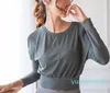 Vrouwen Nieuwe Herfst Sport Yoga shirt Fitness Running Rib Schouder Lange Mouw Losse Taille Sport Yoga Kleding