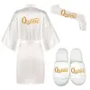 3pc Set Glitter Gold Queen Shade Bride Satin Robe Women White Kimono Pajamas Party Bridal Party Kimono Wedding Queen Bride szaty 210831229t