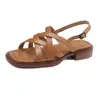 Sandalias 2023 mujeres cuero de vaca genuino verano retro señoras zapatos de punta abierta beige marrón tacones gruesos moda casual