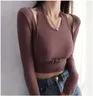 Dames t shirts Syiwidii ​​2 stuks set vrouwen sexy tops kinted lange mouw crop top shirt halter vrouw t -shirts zwart witte elastische slanke tees