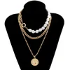 Kedjor Multilayer Vintage Portrait Pendant Necklace Women Gold Color Cuba Chain Asymmetric Pear Loaded For XZ-02