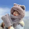 Szerokie brzegowe czapki wiadro koreańskie niedźwiedź z kapturem lady zima wielki futrzany szalik ciepły gruby kapelusz dla kobiet miękkie rękawiczki kociak threepece czapka narciarka 231128