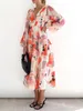 Повседневные платья Sshybmne Женское летнее длинное платье с цветочным принтом в богемном стиле с V-образным вырезом и рукавами с рюшами и струящимся низом на пляже (желтый L)