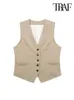 Women's Vests TRAF Women Fashion Front Button Linen Waistcoat Vintage V Neck Sleeveless Female Outerwear Chic Vest Tops 231128