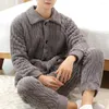 Pijamas masculinos conjunto de pijamas quentes aconchegante inverno homewear pijama de lapela de pelúcia com cintura elástica onda de água textura bolsos para homem