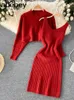 Two Piece Dres Elegant Slim Sets Female Sweater Dress Autumn Winter High Waist Knitted Ensemble Femme Medium Long Party Dresses 230428