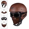 Motorcycle Helmets Pu Leather 3/4 Chopper Motocross Open Face Vintage With Removed Neckerchief And Mask