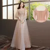 Party Dresses Long Sleeved Evening Dresses for Women in 2023 Banquet Style Artistic Examination Champagne Color Light Luxury Niche Annual Conference Hosting