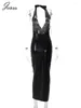 Sıradan Elbiseler Joskaa Metalik Parlak Siyah Halter Dantel Yukarı Maxi Elbise Kadınlar Çarpıcı Derin V Yastık Sırtsız Vücut Şekillendirme Robe 2023 Parti