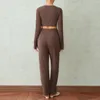 Pantalon deux pièces pour femmes, couleur unie, printemps automne, tenues streetwear décontractées, crochet, manches longues, hauts courts élastiques, taille haute, ensemble ajusté 2 pièces