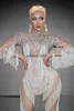 Stage Wear Mangas Compridas Branco Impressão Tassel Sexy Nude Macacões para Mulheres Drag Queen Party Cloing Stage Cantor Come Pole Dance Wearephemeralew