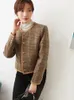 Vestes pour femmes bref paragraphe femme daim Plaid laine tissu de laine manteau court à carreaux à manches longues Cardigan costume est ample