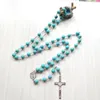 Pendentif Colliers Bleu Pierre Naturelle Chapelet Perles Collier Christ Jésus Croix Pour Femmes Hommes Religieux Prière Bijoux