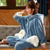 Damen-Nachtwäsche-Pyjama-Set, dicker Flanell, niedlich, mit Kapuze, Herbst und Winter, warme Lammsamt-Nachtwäsche, Damenmode, Heimservice