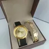 Hochwertige Reloj-Armbanduhren, 2-teiliges Set, Diamant-Damen-Luxusuhren, Vintage-Golduhr, Damen-Handgelenk, Strass-Geschenke für Frauen, Armband mit Box