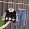 Kleidungssets Weihnachtsoutfits für Kinder Anzüge Jungen Sets Kleidung Cartoon Ente Ärmellose Strickweste Hemden Jeans Säuglingsbabykleidung 231129