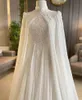 Elegante arabische muslimische A-Linie Brautkleider mit Cape Wrap 2024 Spitze Applikationen mit langen Ärmeln High Neck Chiffon Frauen Brautkleid Modest Dubai Weiß Vestido De Novia