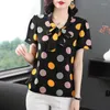 Women's Blouses 2023 POLKA DOT CHIFFON Blouse vrouwen boog-knoop V nek shirt met korte mouwen oversized los zwarte dame top blusas mujer de