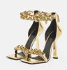 Elegant design medusi sandaler skor kvinnors gyllene kedja party bröllopsklänning ankel strappy high klackar blomma strass lady pumpar eu35-43 sko lopp med låda eu35-43