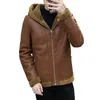 Mens Leather Faux Hooded Winter Fur Fleece Thick Jacket Casual Vintage Motorcycle Biker Coat Male Brand Design PU 231129