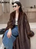 Womens Wool Blends Lautaro Winter Long Vintage Elegant Luxury Chic Thick Warm Soft Brown Fluffy Faux Mink Fur Coat Women V Neck Furry Overcoat 231129