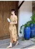 Robes de soirée Vintage élégant chinois Hanfu Style imprimé robe mi-longue été femmes Floral à manches courtes décontracté une pièce en mousseline de soie longue