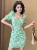 Sukienki imprezowe Summer Kobiety mini słodki świeży zielony druk bawełniany lniany lniany slezyjne foldie z rękawami w Holiday Street vestidos