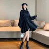 Frauen Hoodies Harajuku Falten Lose Unregelmäßiges Design Kleid Frauen Laterne Ärmel Shirt Mode Damen Stehkragen Einreiher Kleider