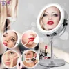Miroir de maquillage grossissant 10X avec miroirs cosmétiques lumière LED miroir de courtoisie de bureau de forme ronde miroirs rétroéclairés double face T20011234R
