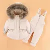 Manteau d'hiver en duvet pour enfants, ensemble de vêtements -30 degrés, veste en duvet, combinaison pour bébé garçon, Parka en vraie fourrure, fille, combinaison de neige épaisse et chaude 231129