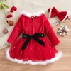 Flickor klänningar Little Girls Casual Long Sleeve Dress Christmas Velvet Mesh Yarn Stitching A Line with Headband 231128